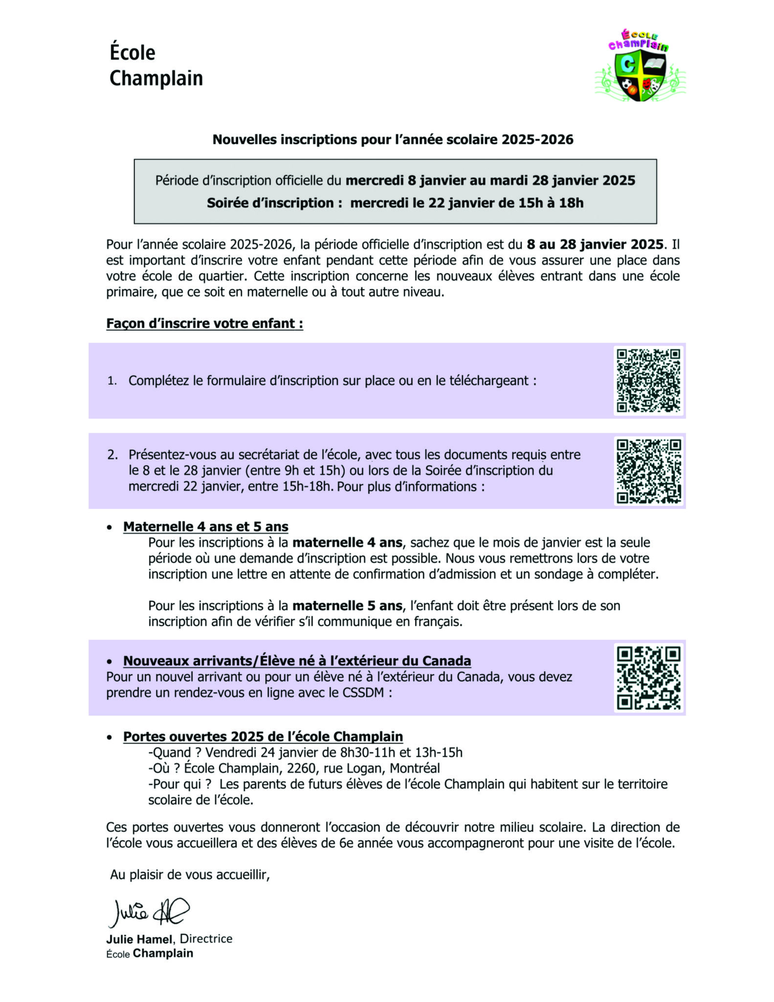 Inscription 2025-2026 | École Champlain